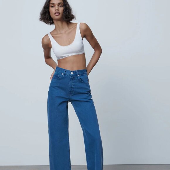 ZARA HIGH RISE WIDE LEGGED JEANS -DUCK BLUE - Picture 1 of 9